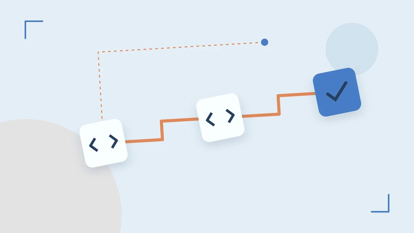 Editorial illustration of a branching build pipeline, staged transformations and a completed check