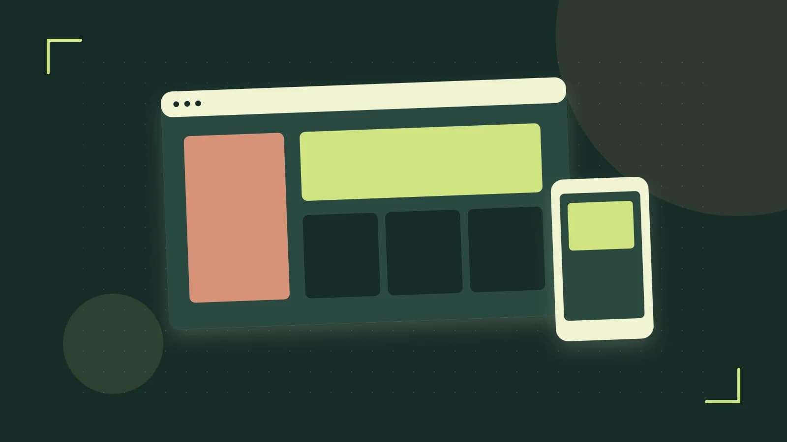 Editorial illustration of responsive browser layouts, overlapping design components and a color system
