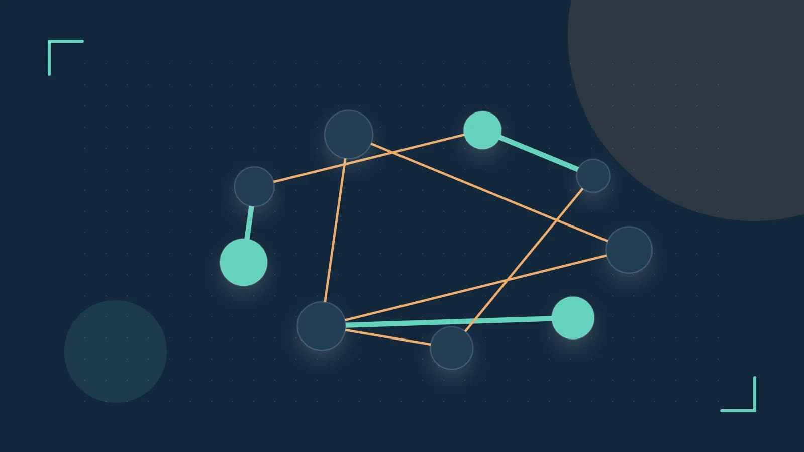 Editorial illustration of an algorithmic node graph with branching paths and a highlighted result