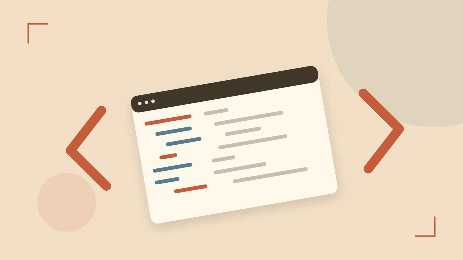 Editorial illustration of an abstract code editor, syntax blocks and oversized programming brackets