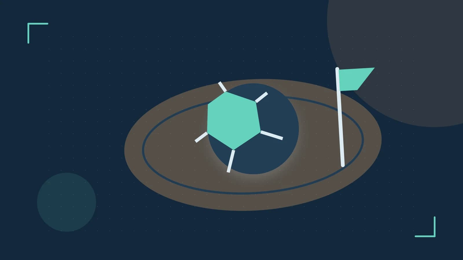 Editorial illustration of a stylized sports ball, stadium geometry and dynamic arcs