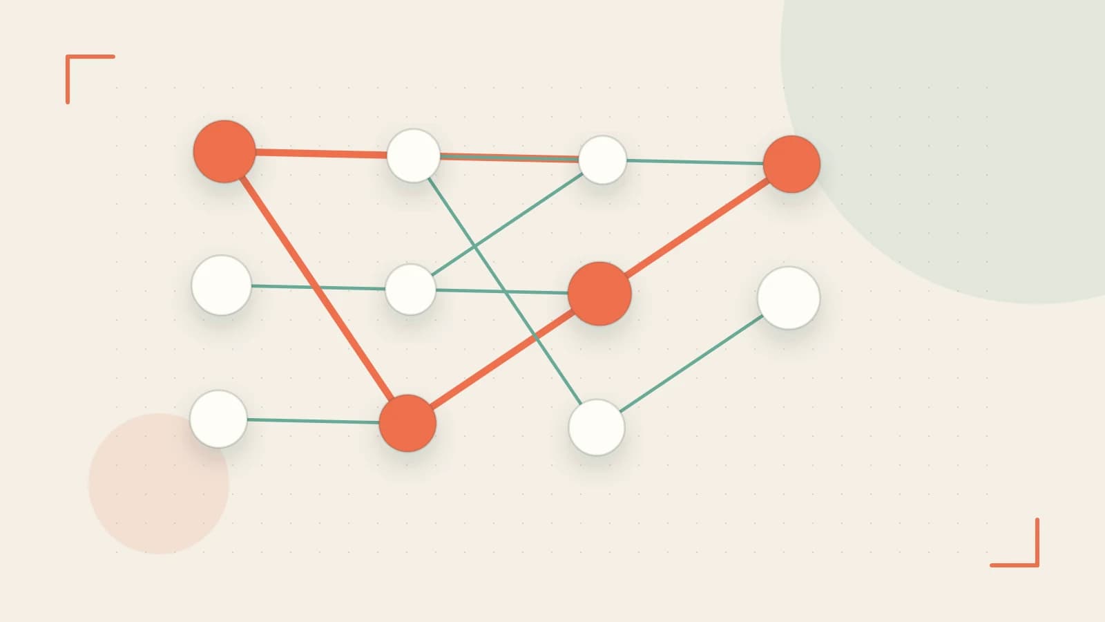 Editorial illustration of an algorithmic node graph with branching paths and a highlighted result