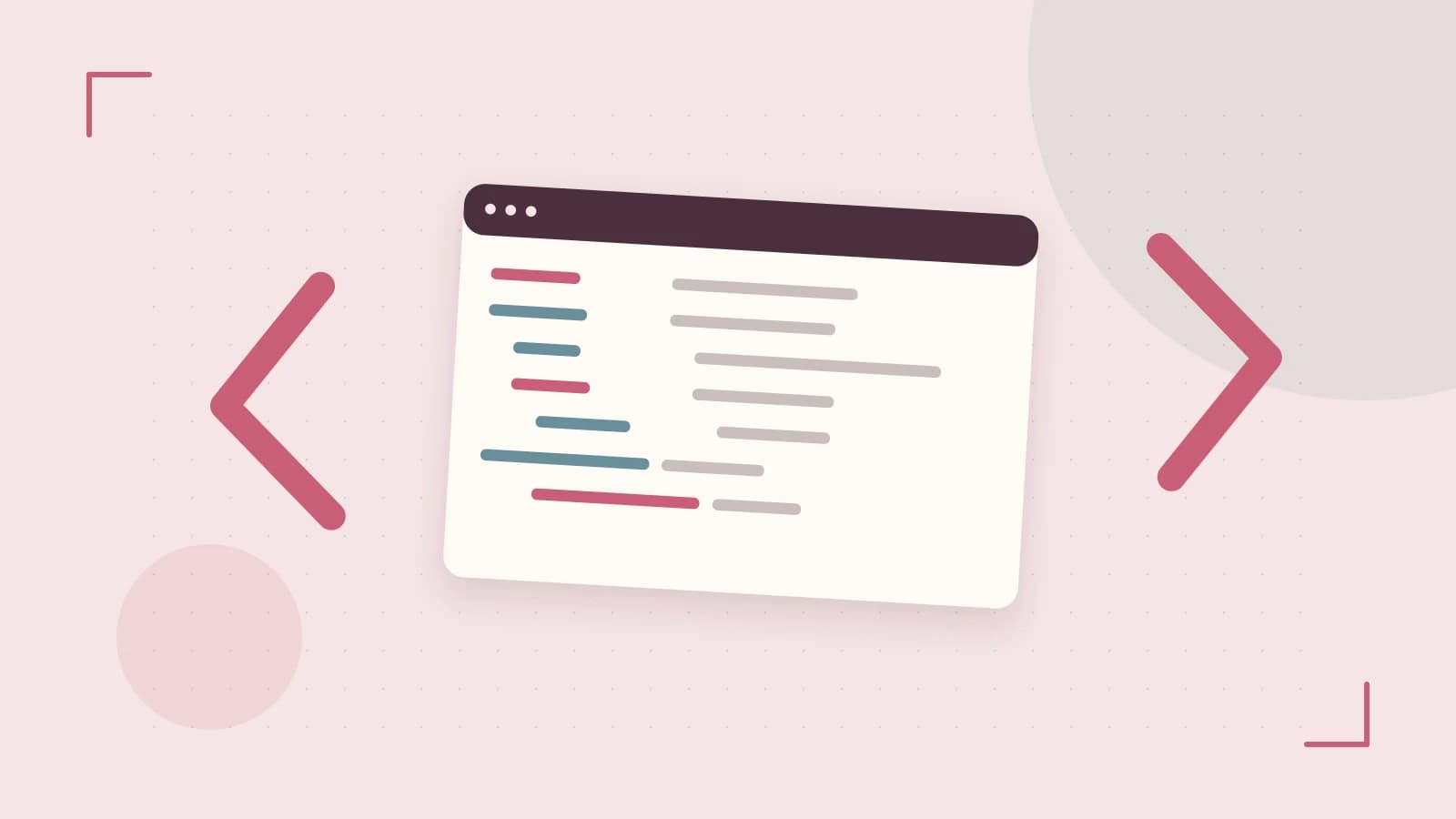 Editorial illustration of an abstract code editor, syntax blocks and oversized programming brackets