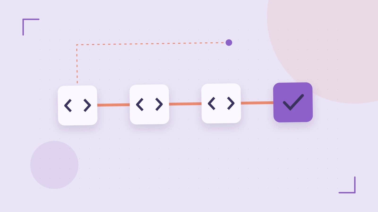 Editorial illustration of a branching build pipeline, staged transformations and a completed check