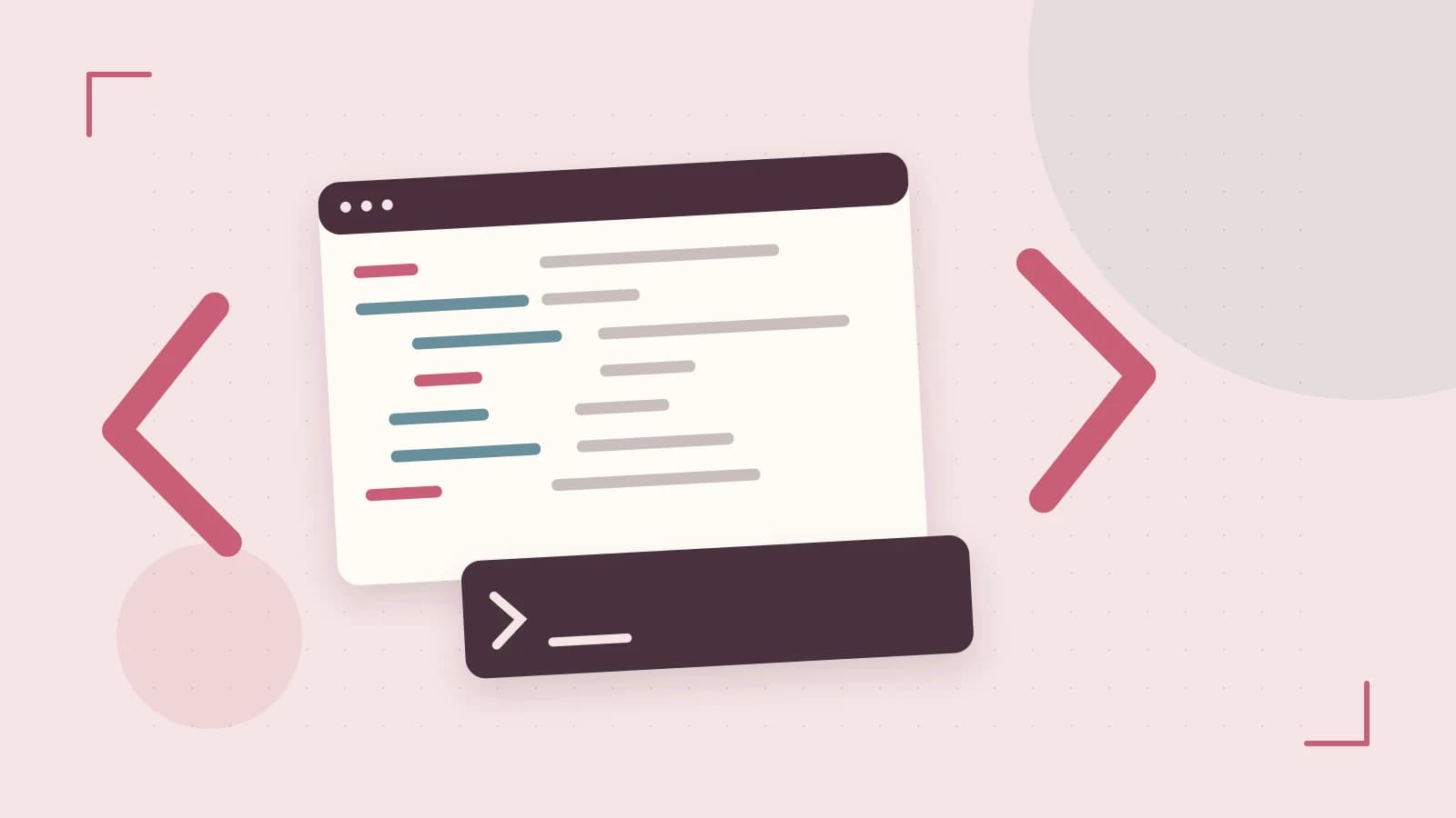 Editorial illustration of an abstract code editor, syntax blocks and oversized programming brackets
