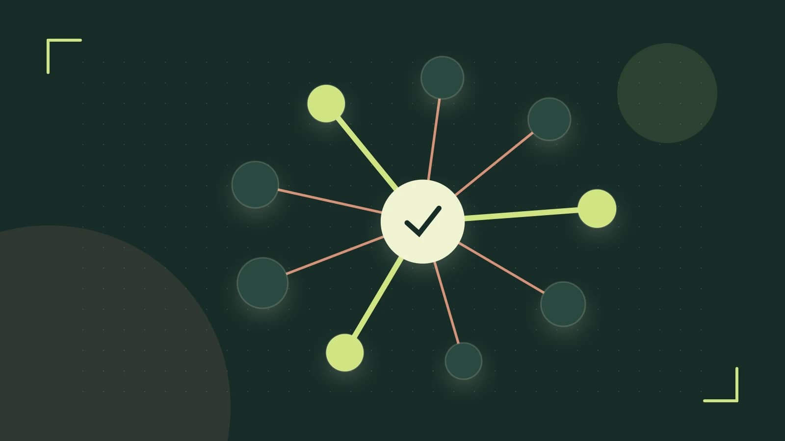 Editorial illustration of an algorithmic node graph with branching paths and a highlighted result