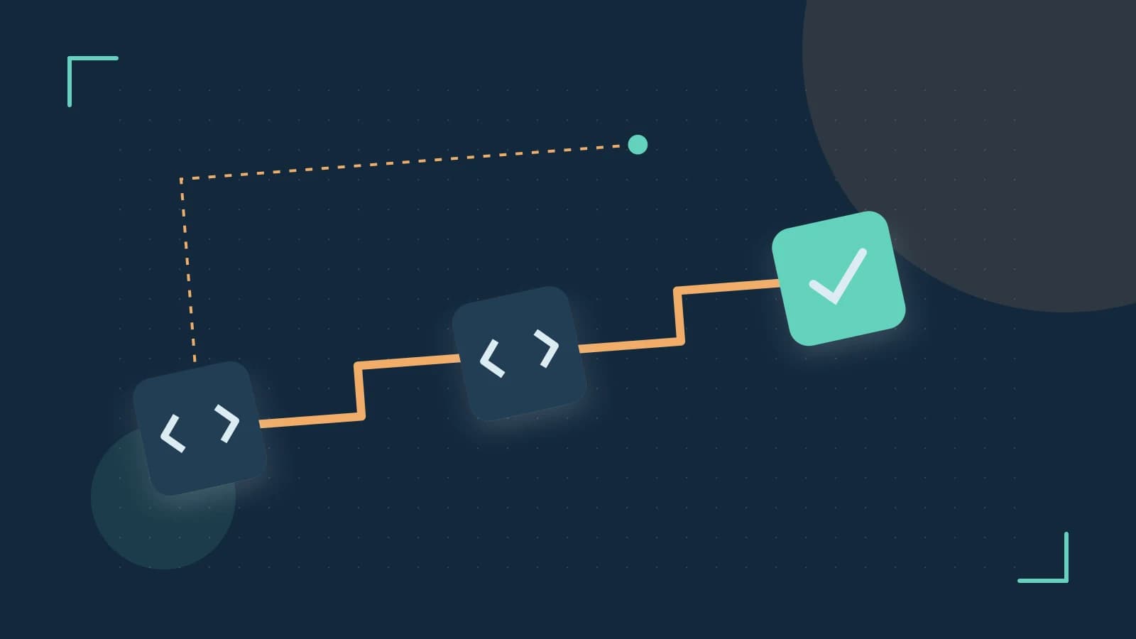 Editorial illustration of a branching build pipeline, staged transformations and a completed check