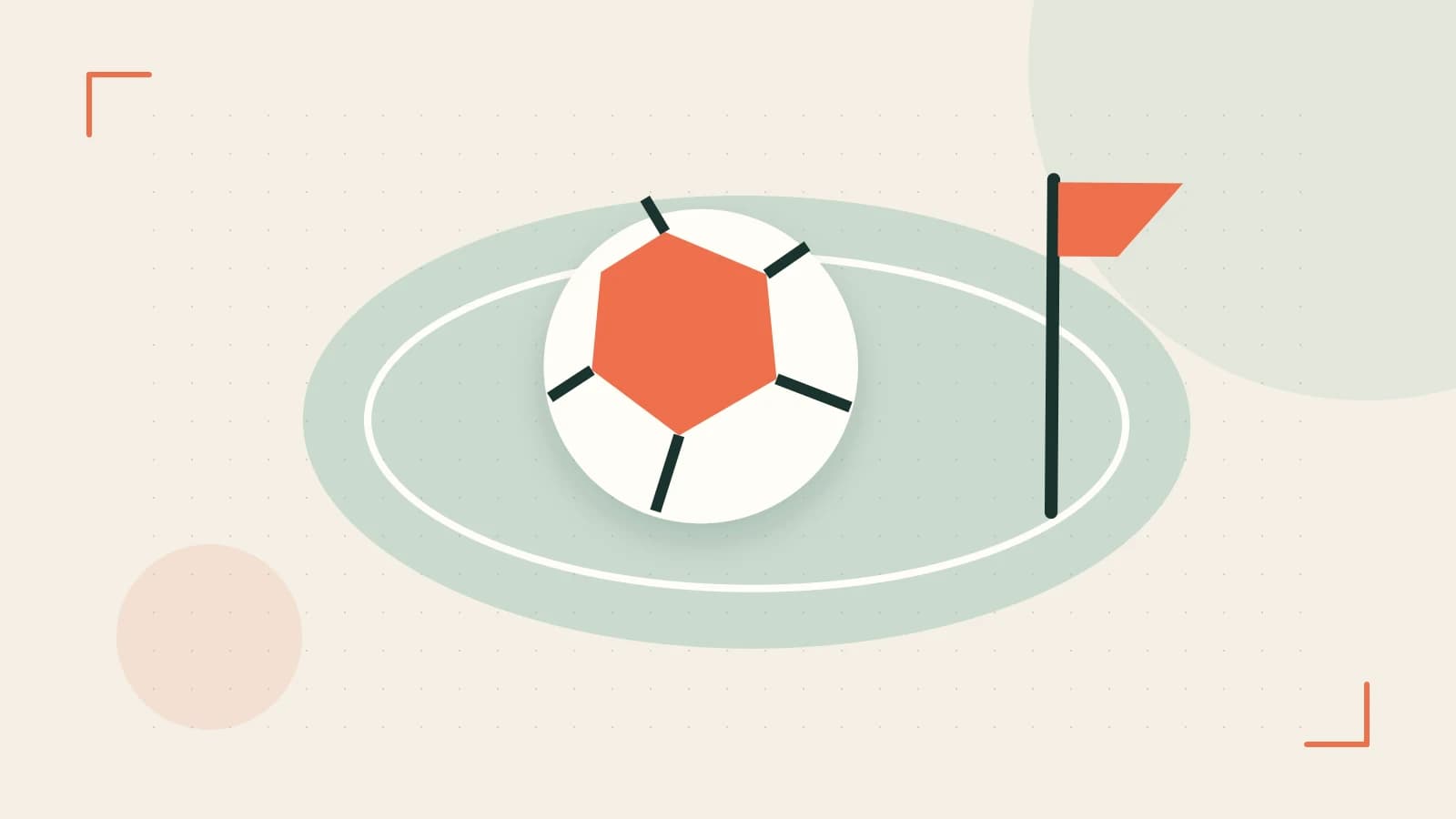 Editorial illustration of a stylized sports ball, stadium geometry and dynamic arcs