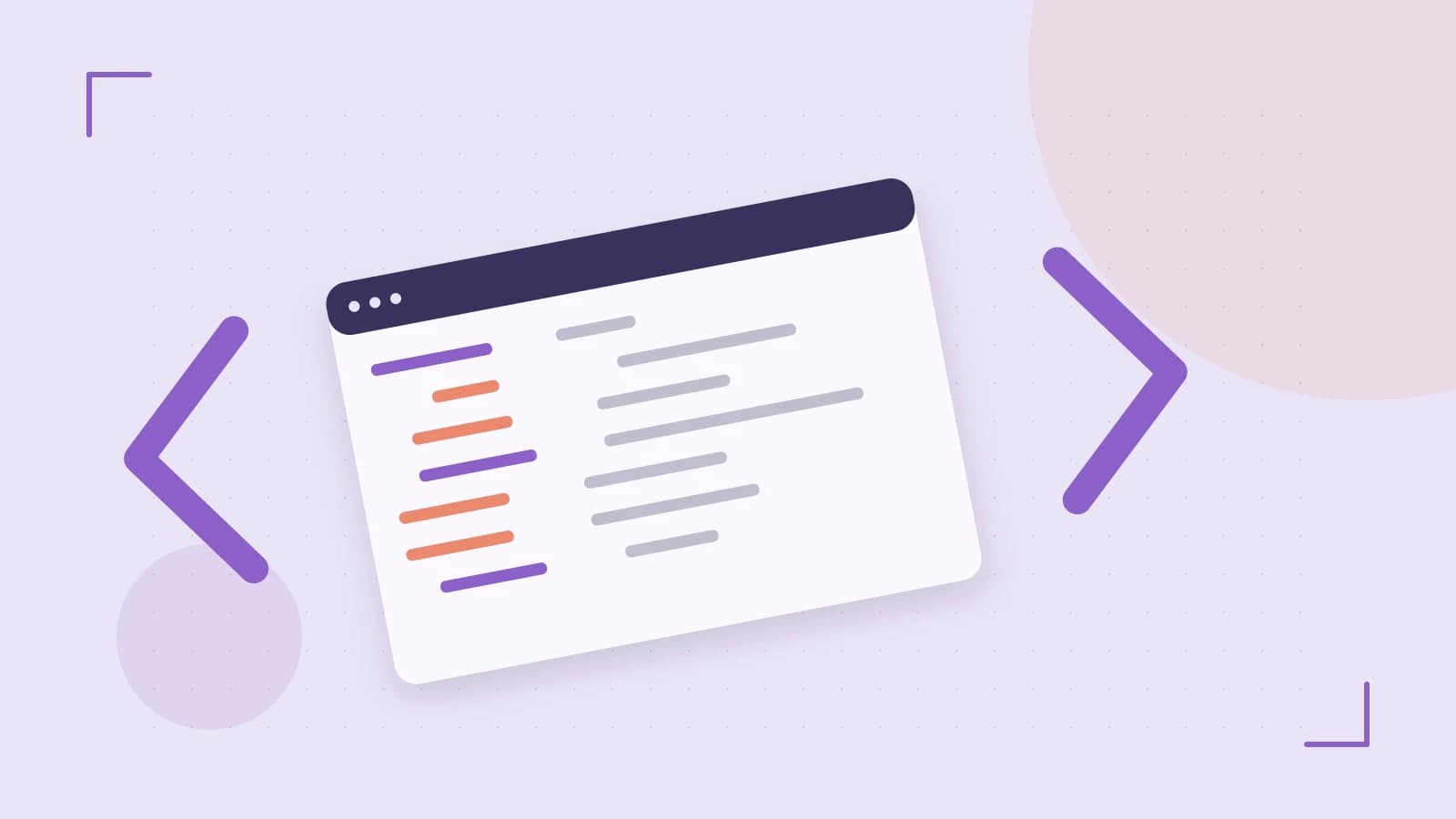 Editorial illustration of an abstract code editor, syntax blocks and oversized programming brackets