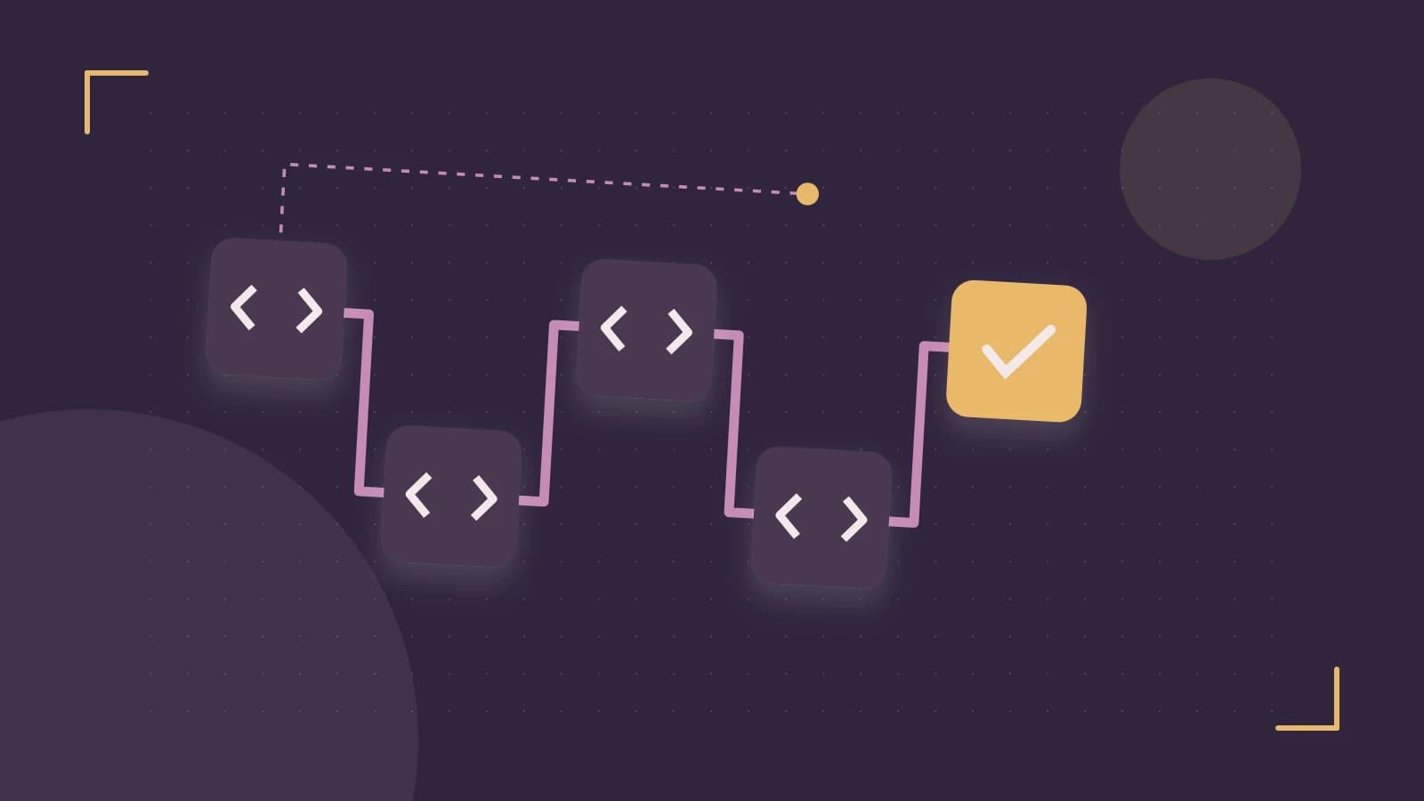 Editorial illustration of a branching build pipeline, staged transformations and a completed check