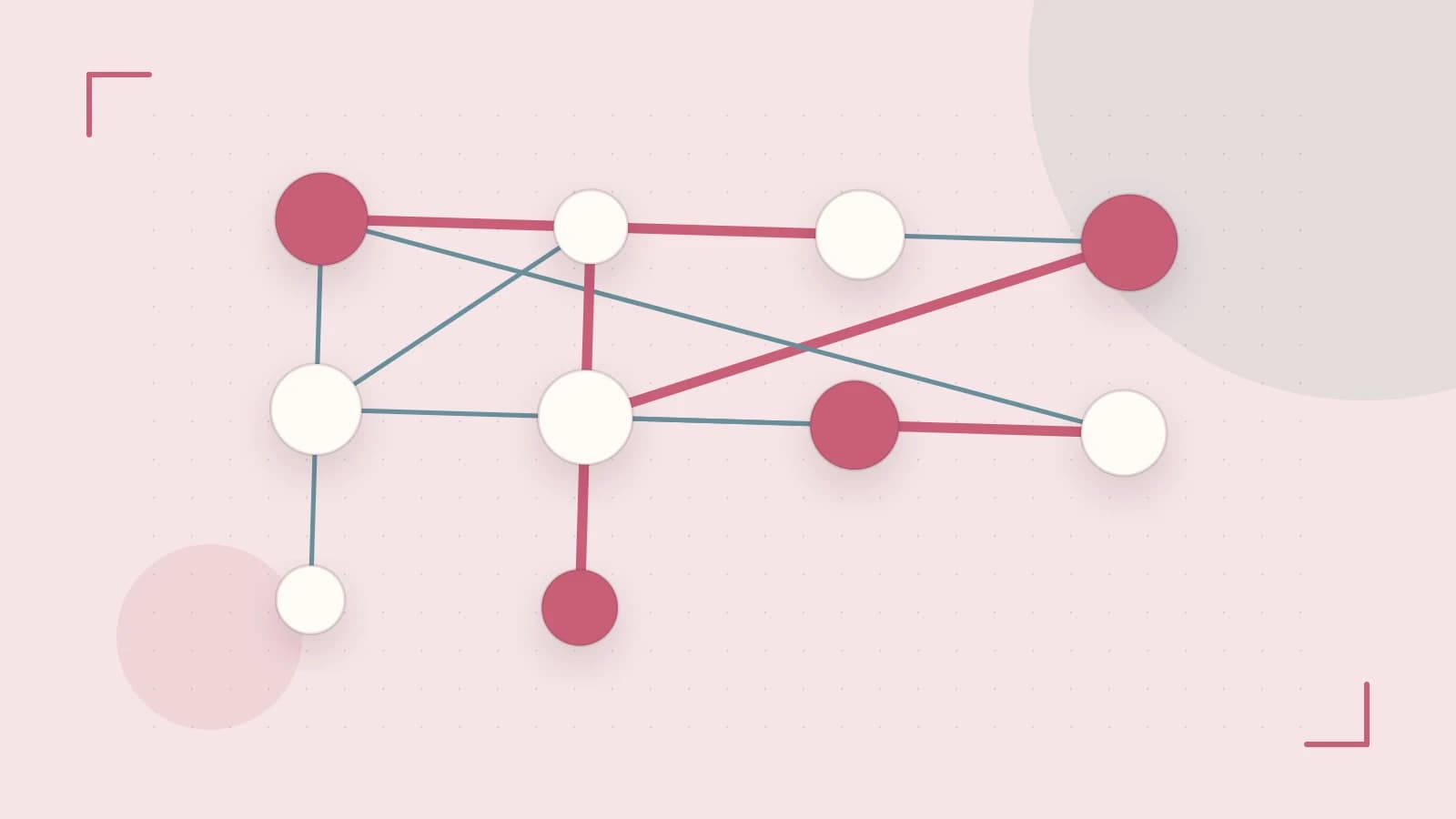 Editorial illustration of an algorithmic node graph with branching paths and a highlighted result