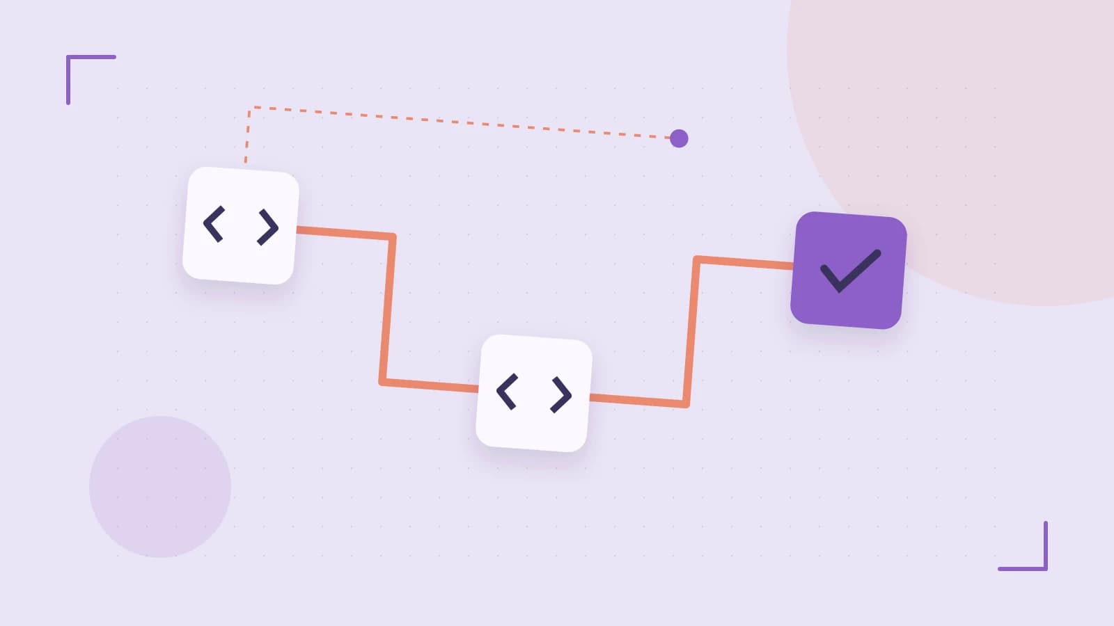 Editorial illustration of a branching build pipeline, staged transformations and a completed check