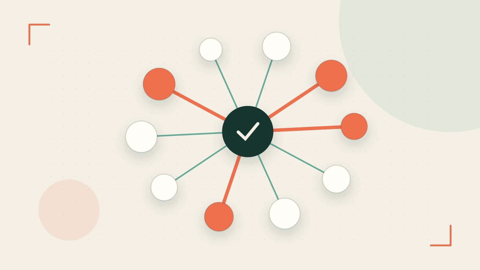 Editorial illustration of an algorithmic node graph with branching paths and a highlighted result