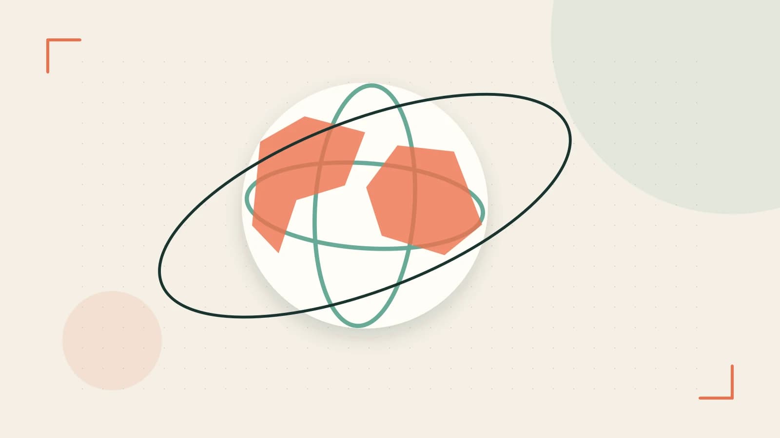 Editorial illustration of an editorial globe with meridians and layered geographic shapes