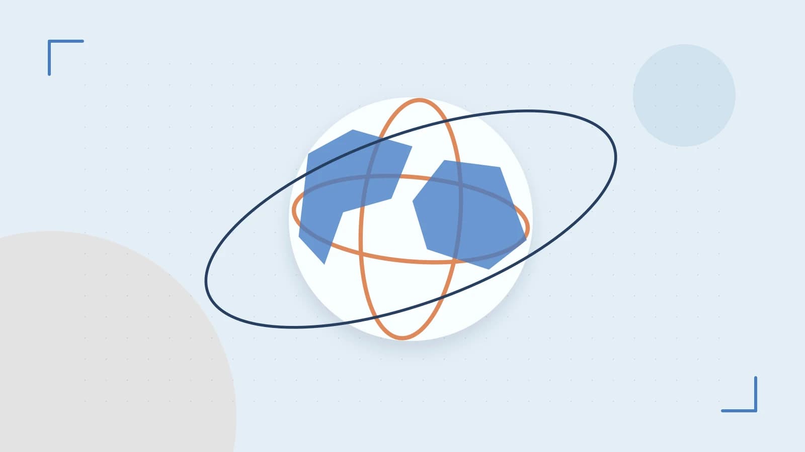 Editorial illustration of an editorial globe with meridians and layered geographic shapes