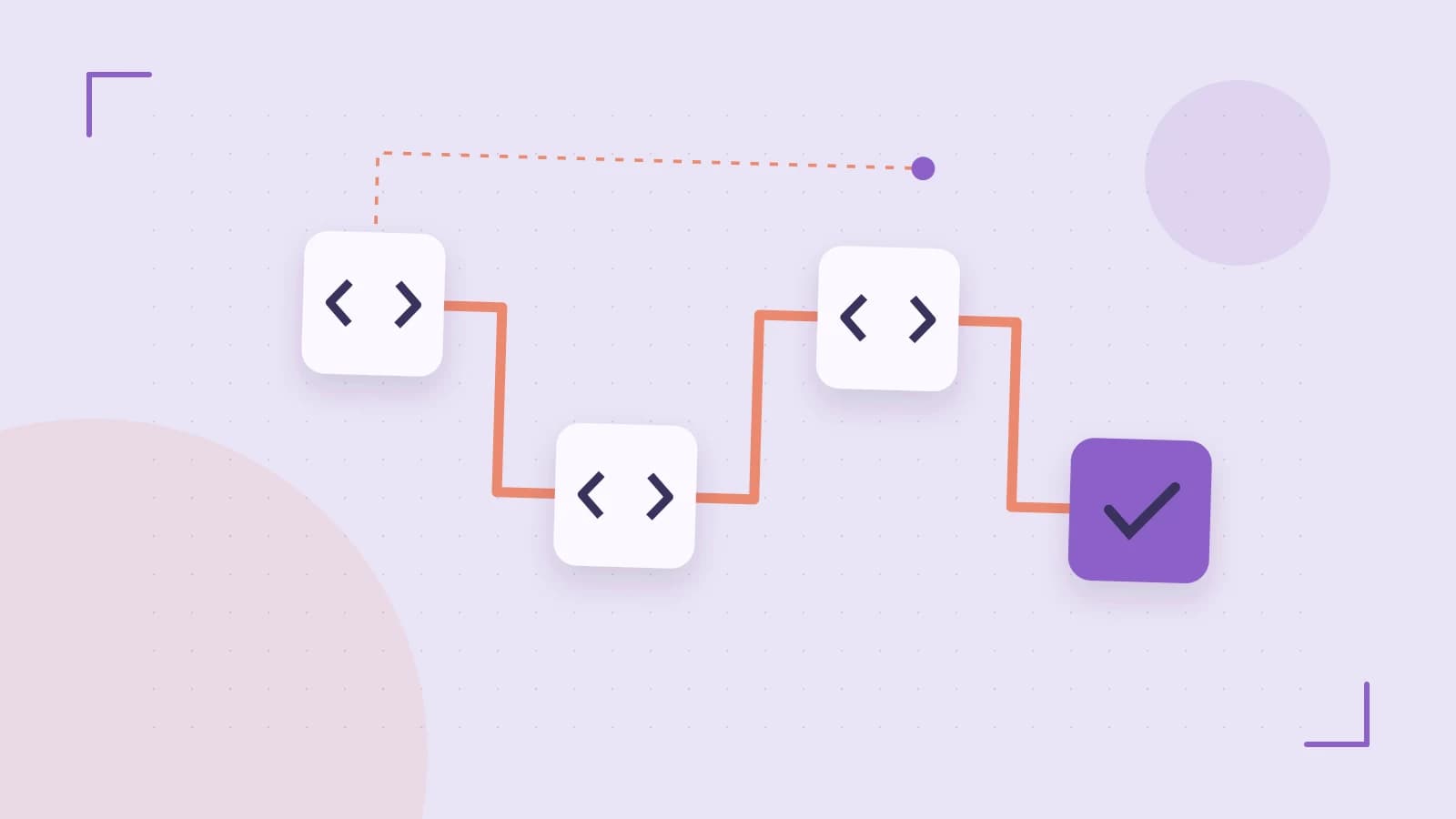 Editorial illustration of a branching build pipeline, staged transformations and a completed check
