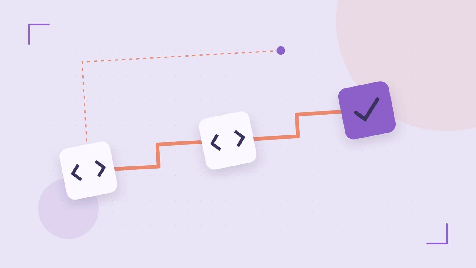 Editorial illustration of a branching build pipeline, staged transformations and a completed check