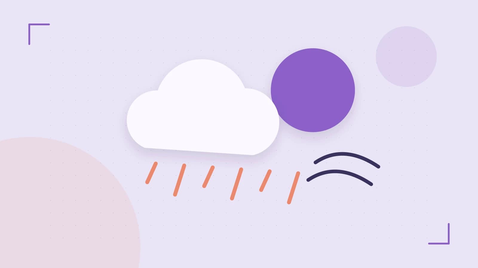Editorial illustration of a sun, layered clouds, raindrops and flowing weather patterns
