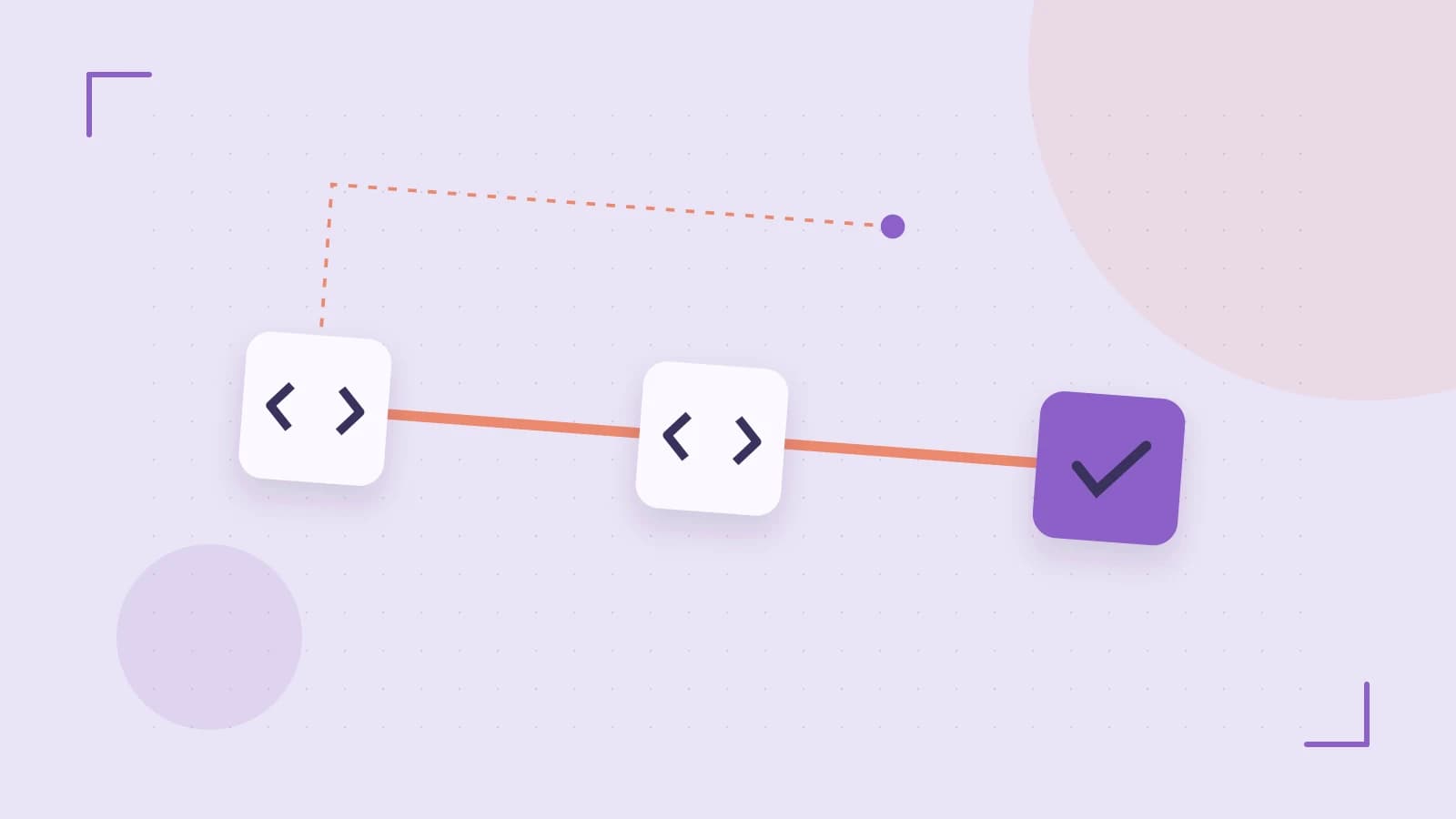Editorial illustration of a branching build pipeline, staged transformations and a completed check