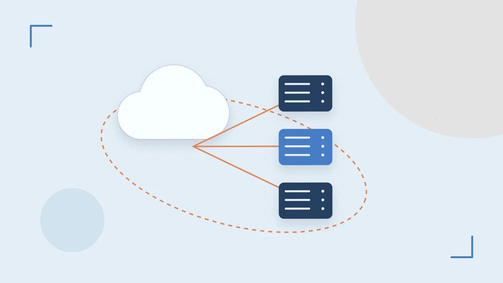 Editorial illustration of cloud infrastructure, connected server racks and an orbital service map