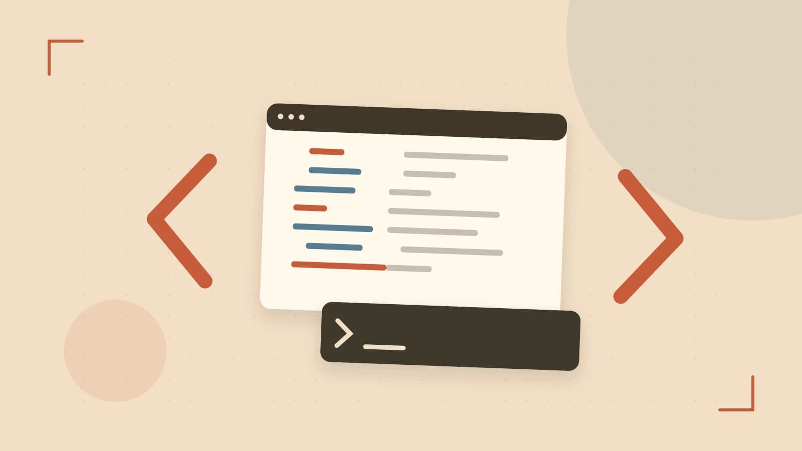 Editorial illustration of an abstract code editor, syntax blocks and oversized programming brackets