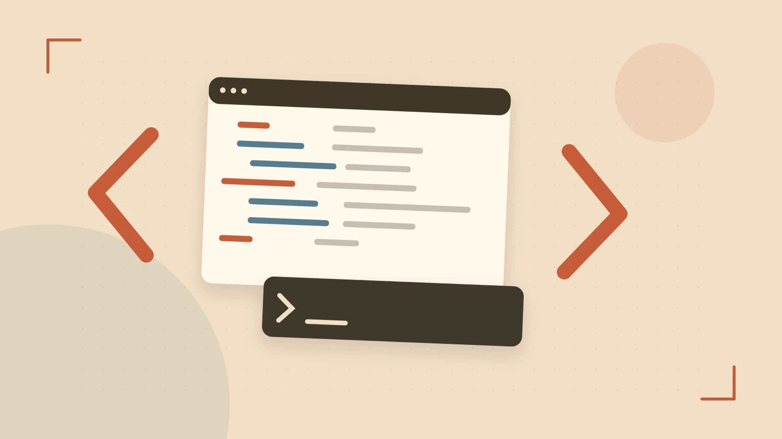 Editorial illustration of an abstract code editor, syntax blocks and oversized programming brackets