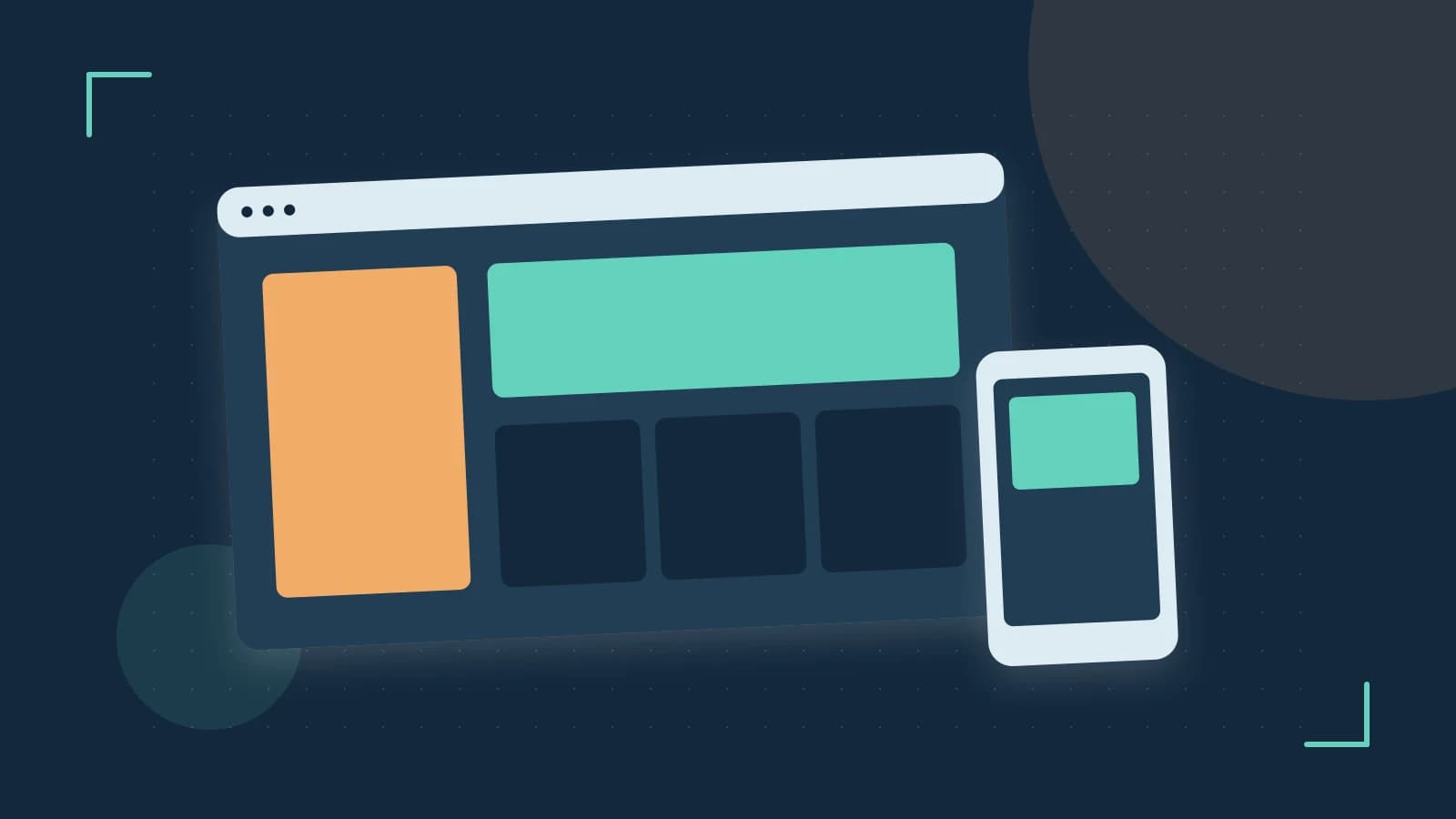 Editorial illustration of responsive browser layouts, overlapping design components and a color system