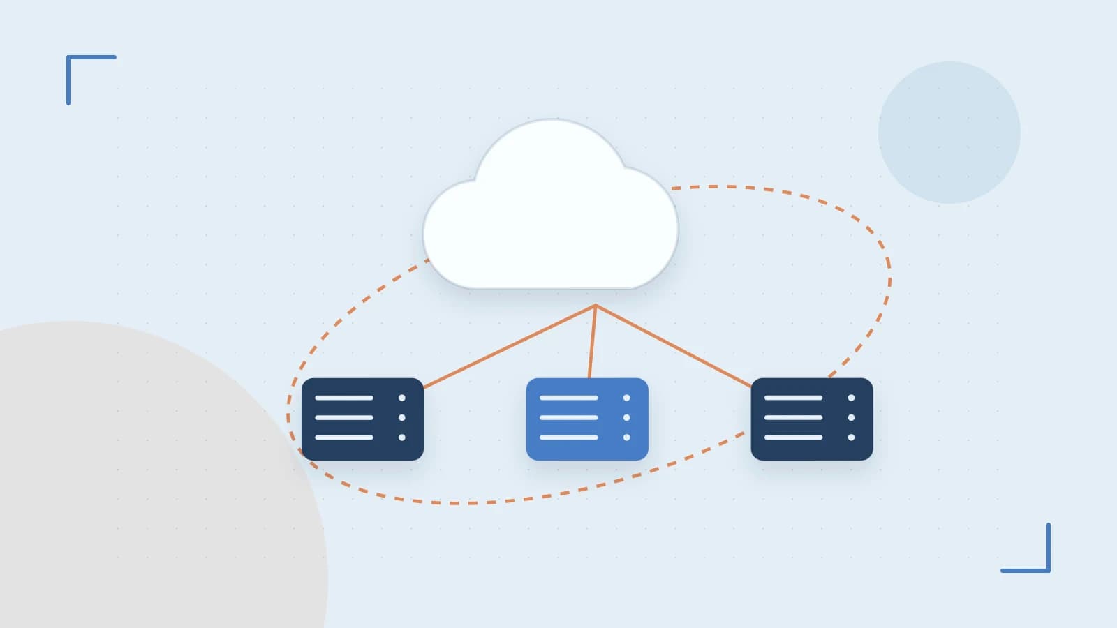 Editorial illustration of cloud infrastructure, connected server racks and an orbital service map