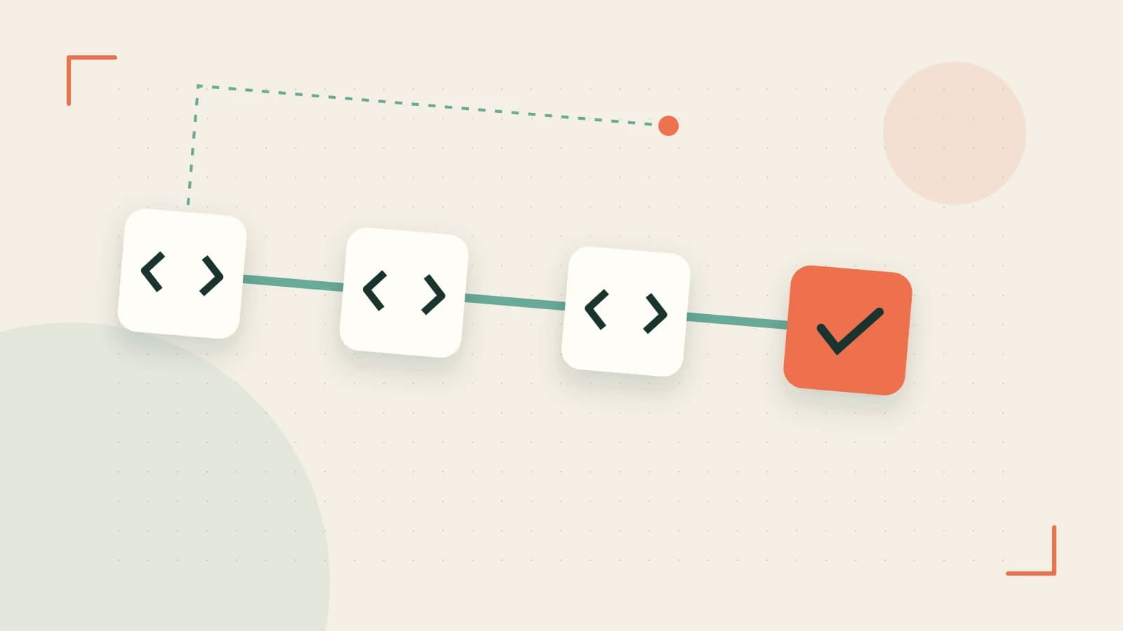 Editorial illustration of a branching build pipeline, staged transformations and a completed check