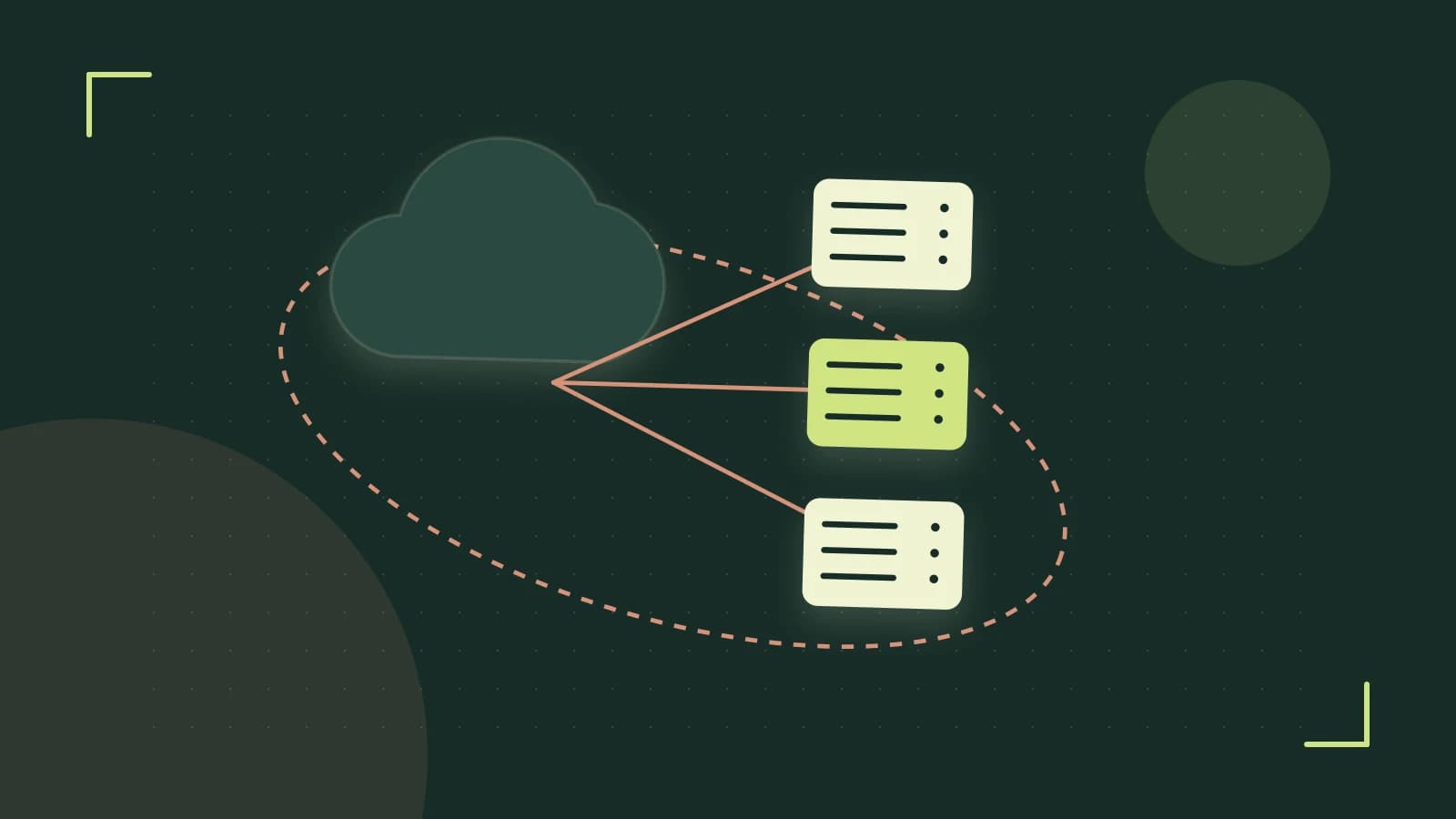 Editorial illustration of cloud infrastructure, connected server racks and an orbital service map