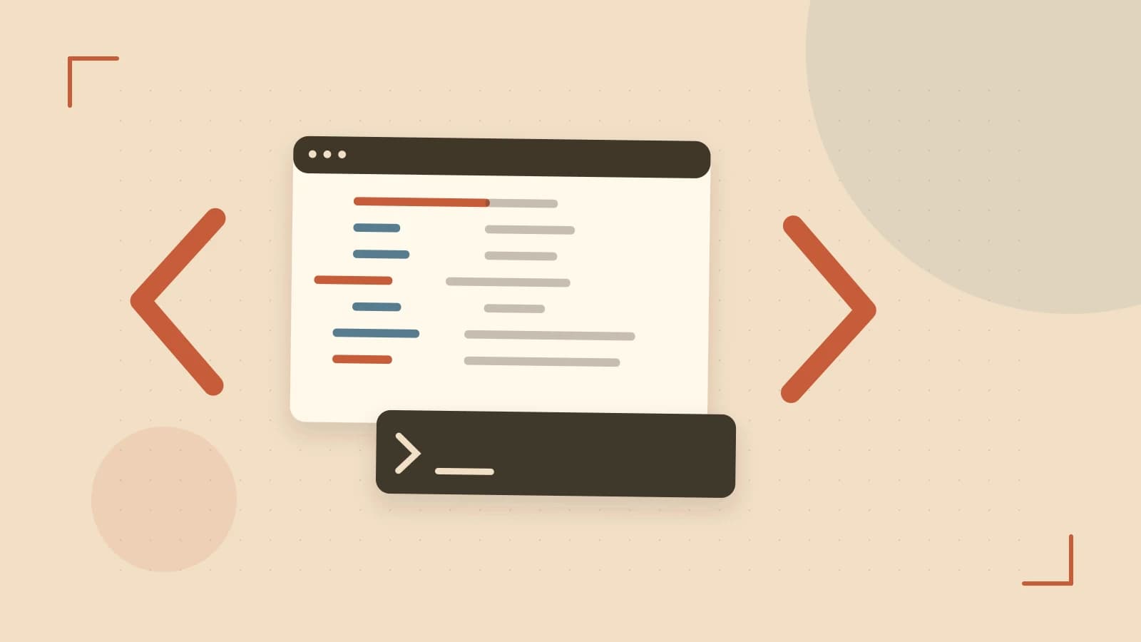 Editorial illustration of an abstract code editor, syntax blocks and oversized programming brackets