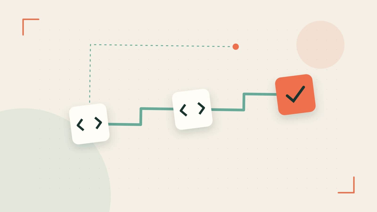 Editorial illustration of a branching build pipeline, staged transformations and a completed check