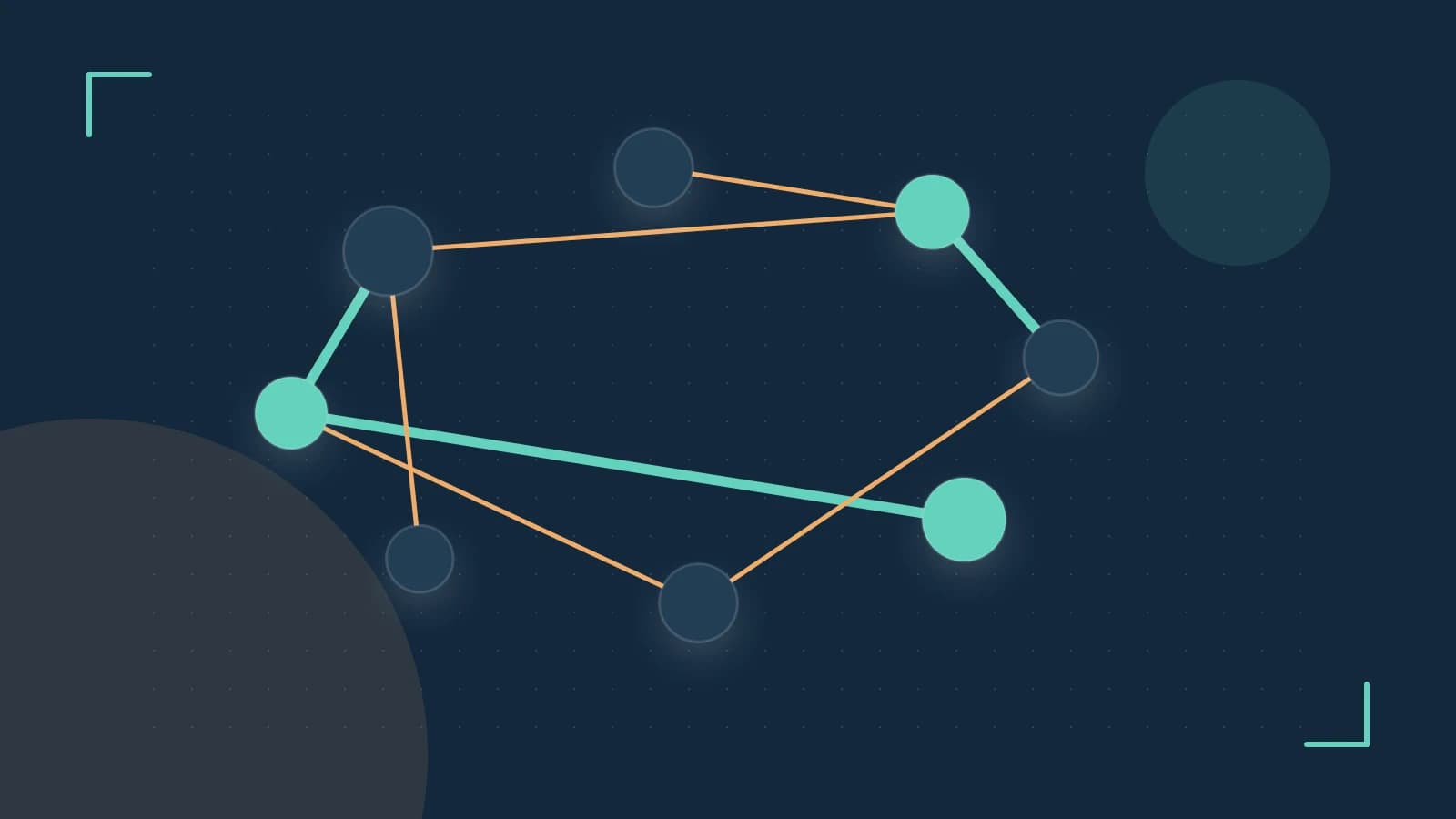 Editorial illustration of an algorithmic node graph with branching paths and a highlighted result