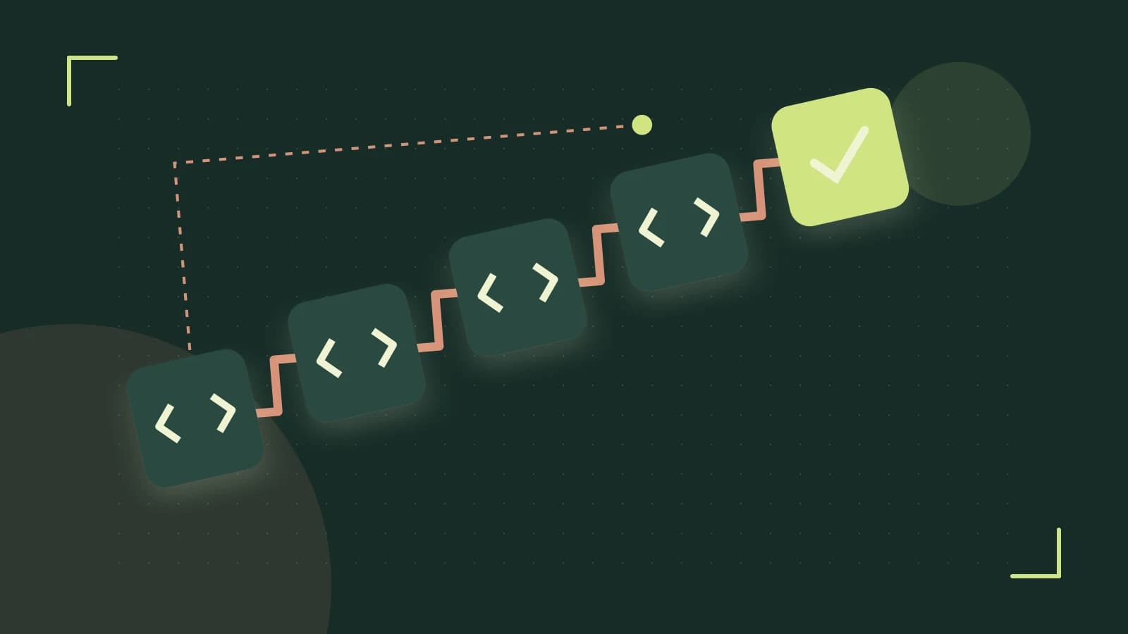 Editorial illustration of a branching build pipeline, staged transformations and a completed check