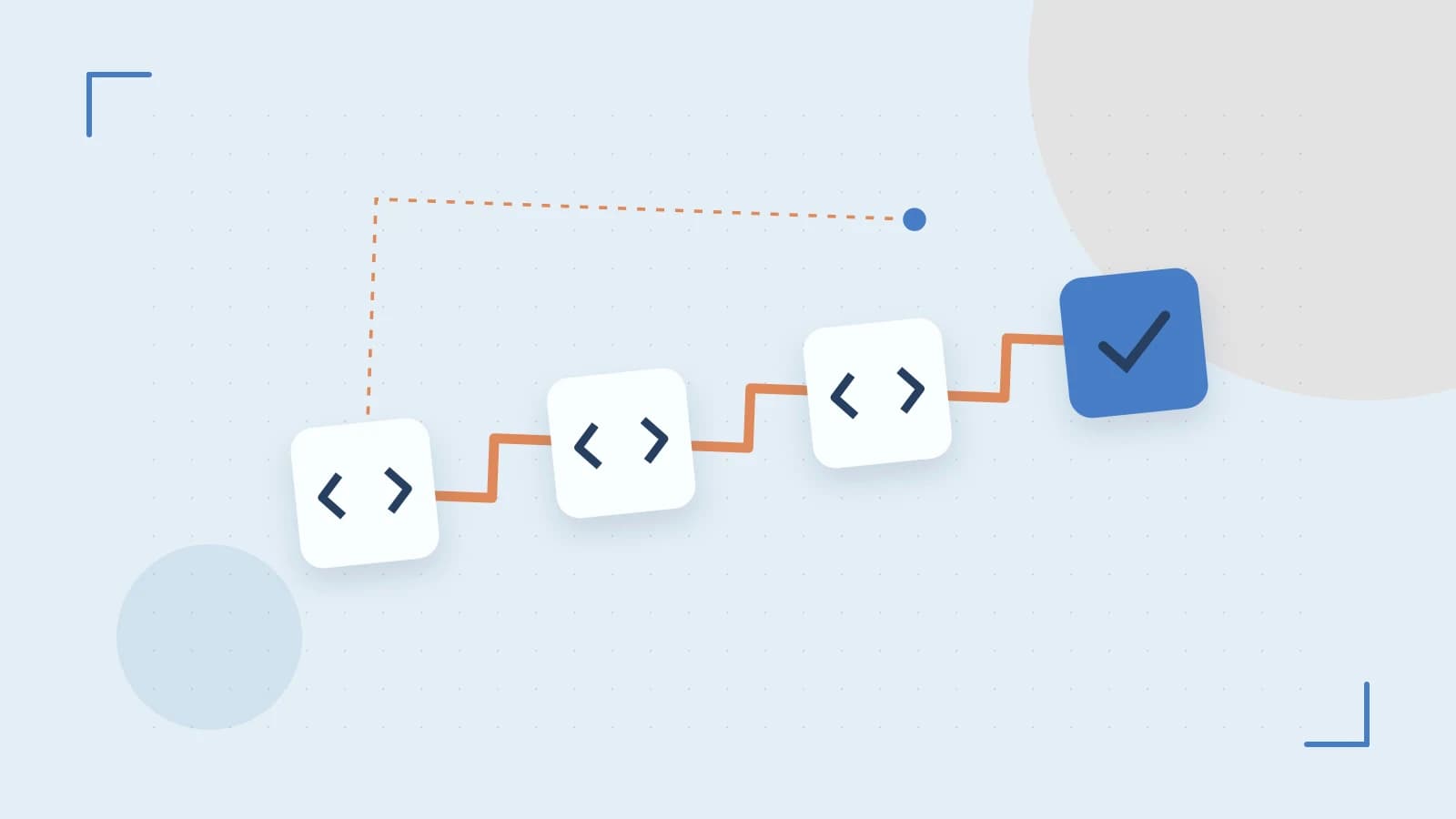 Editorial illustration of a branching build pipeline, staged transformations and a completed check