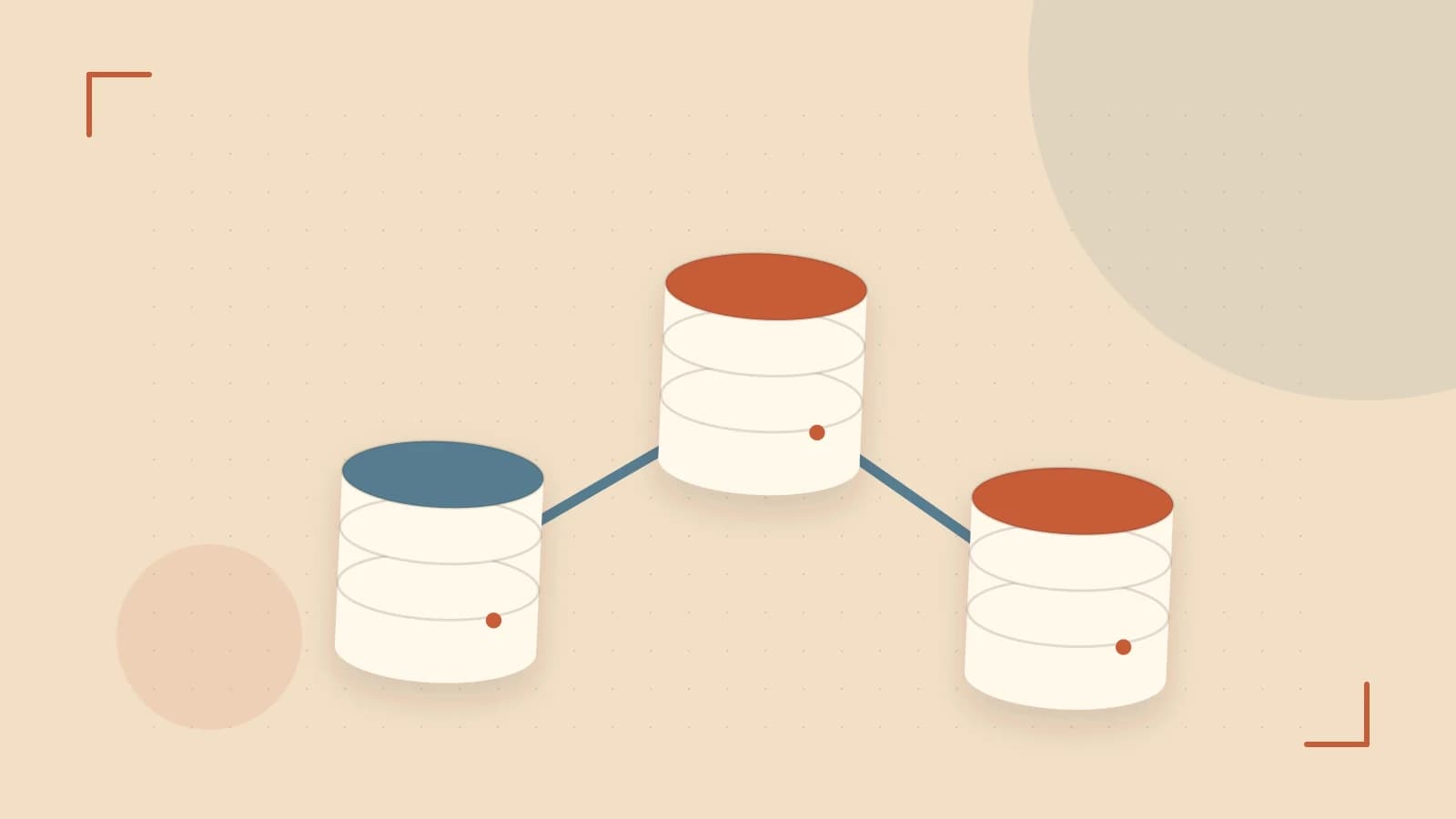 Editorial illustration of structured records, database cylinders and relationships between tables