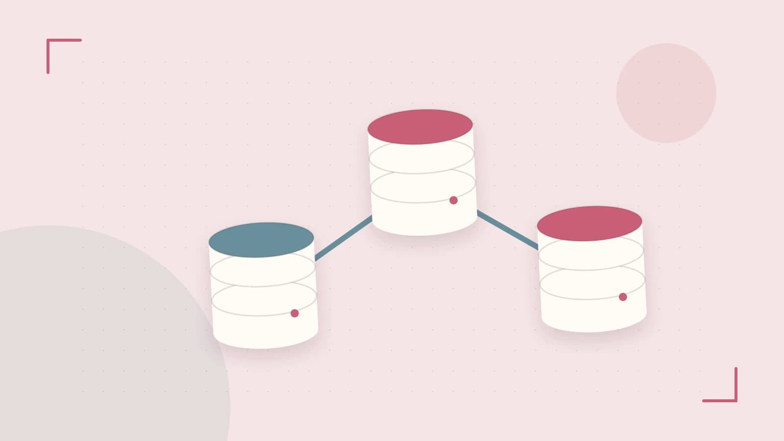 Editorial illustration of structured records, database cylinders and relationships between tables