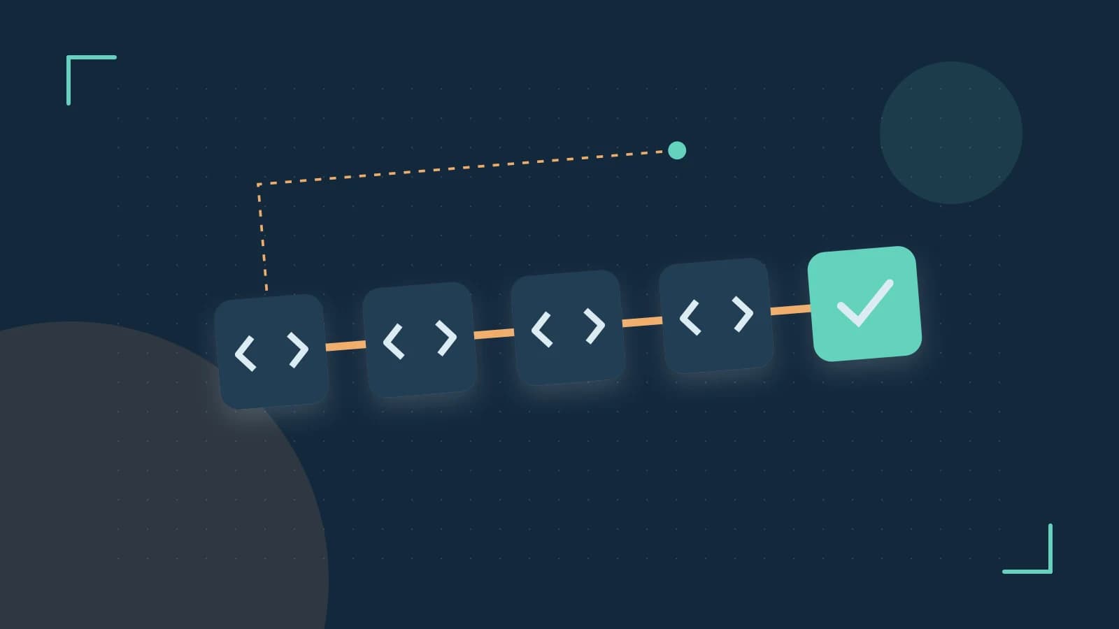 Editorial illustration of a branching build pipeline, staged transformations and a completed check