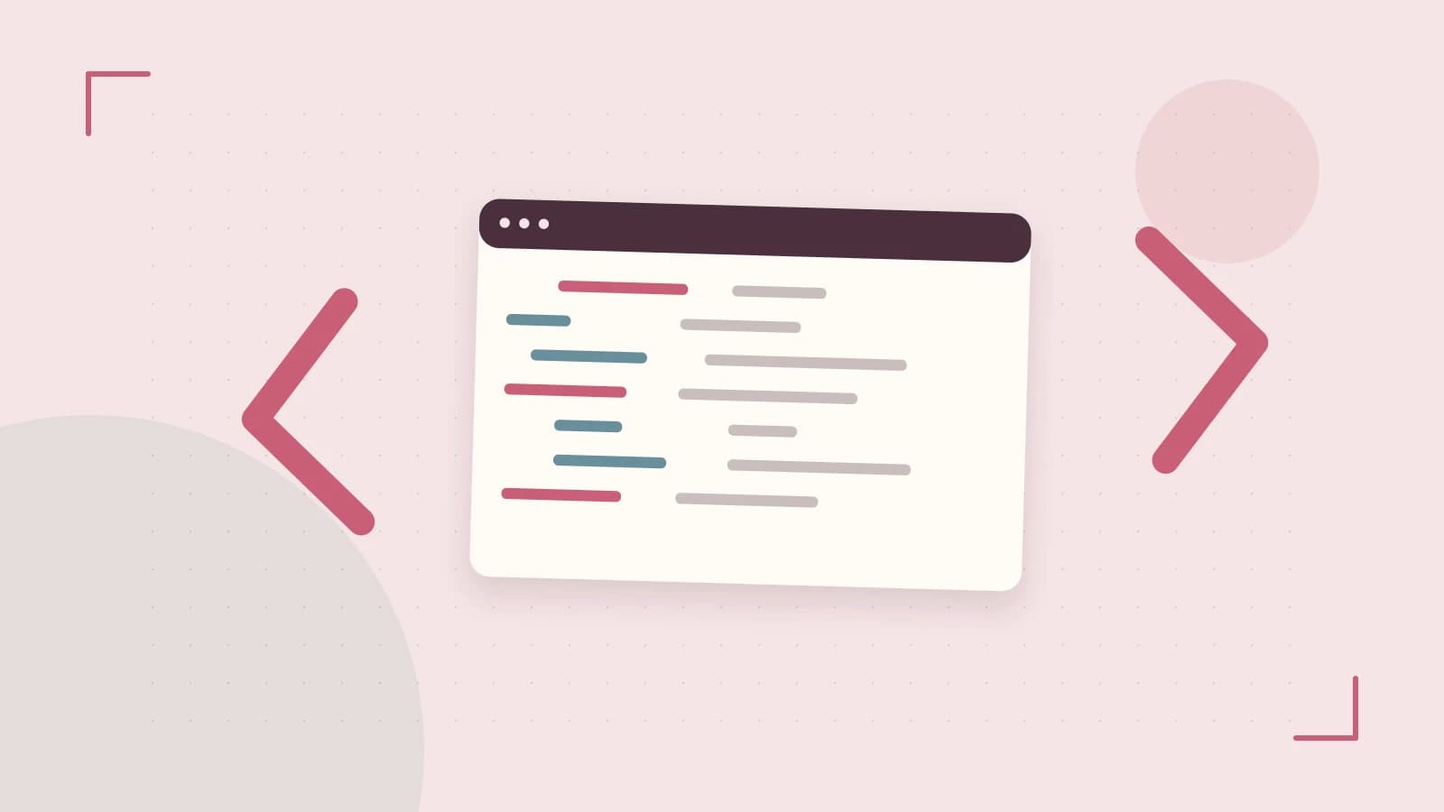 Editorial illustration of an abstract code editor, syntax blocks and oversized programming brackets