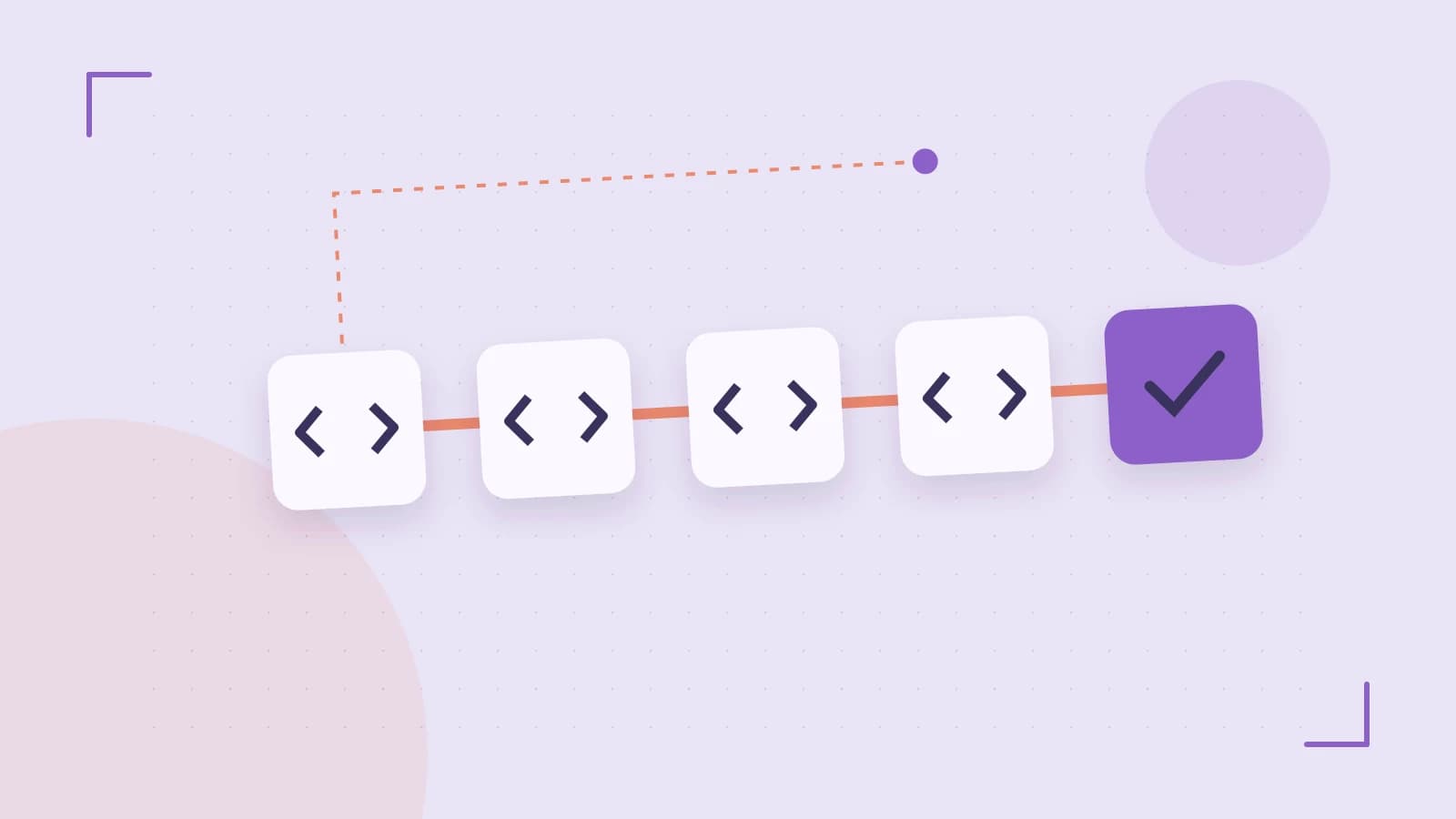 Editorial illustration of a branching build pipeline, staged transformations and a completed check