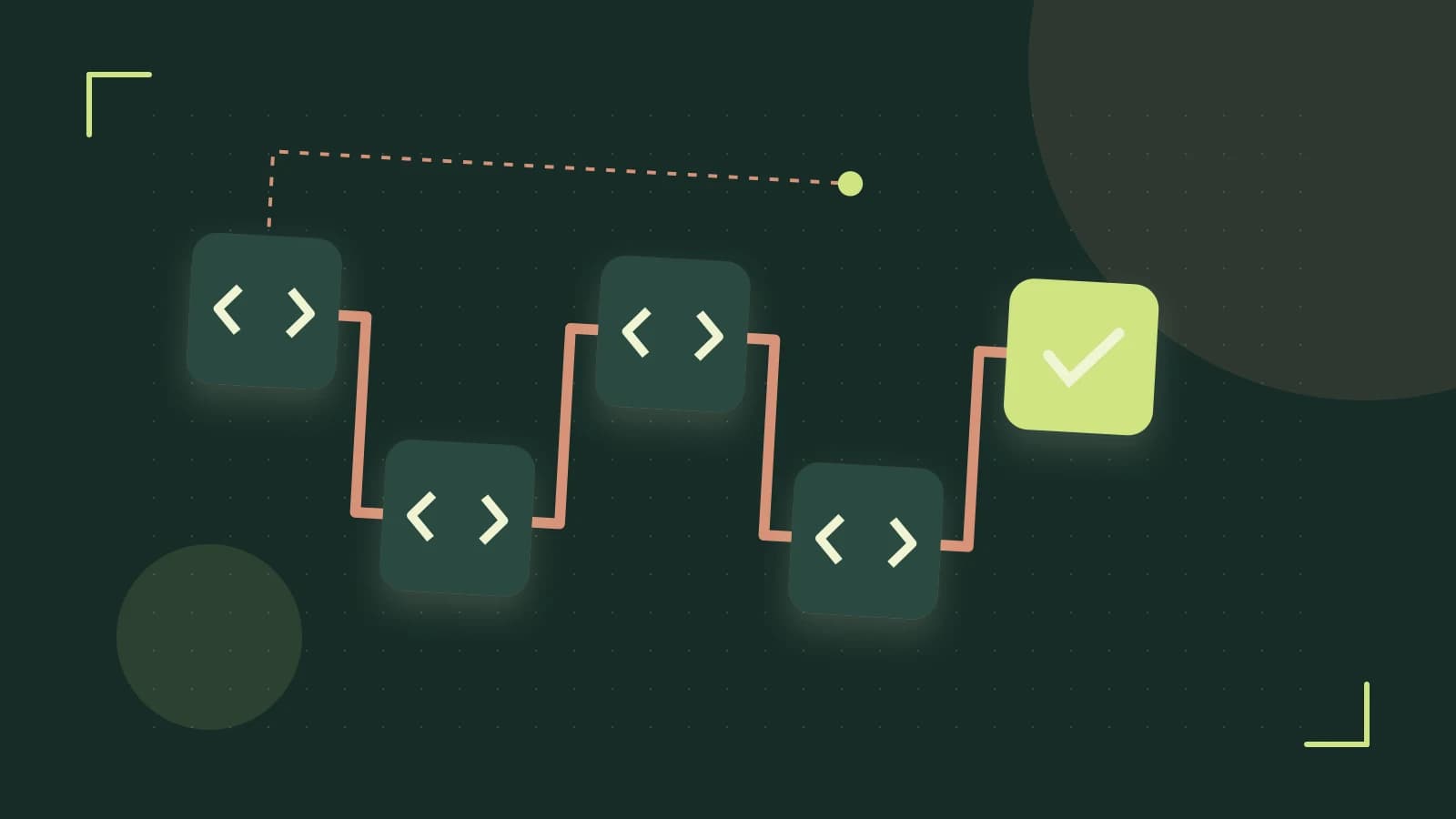 Editorial illustration of a branching build pipeline, staged transformations and a completed check