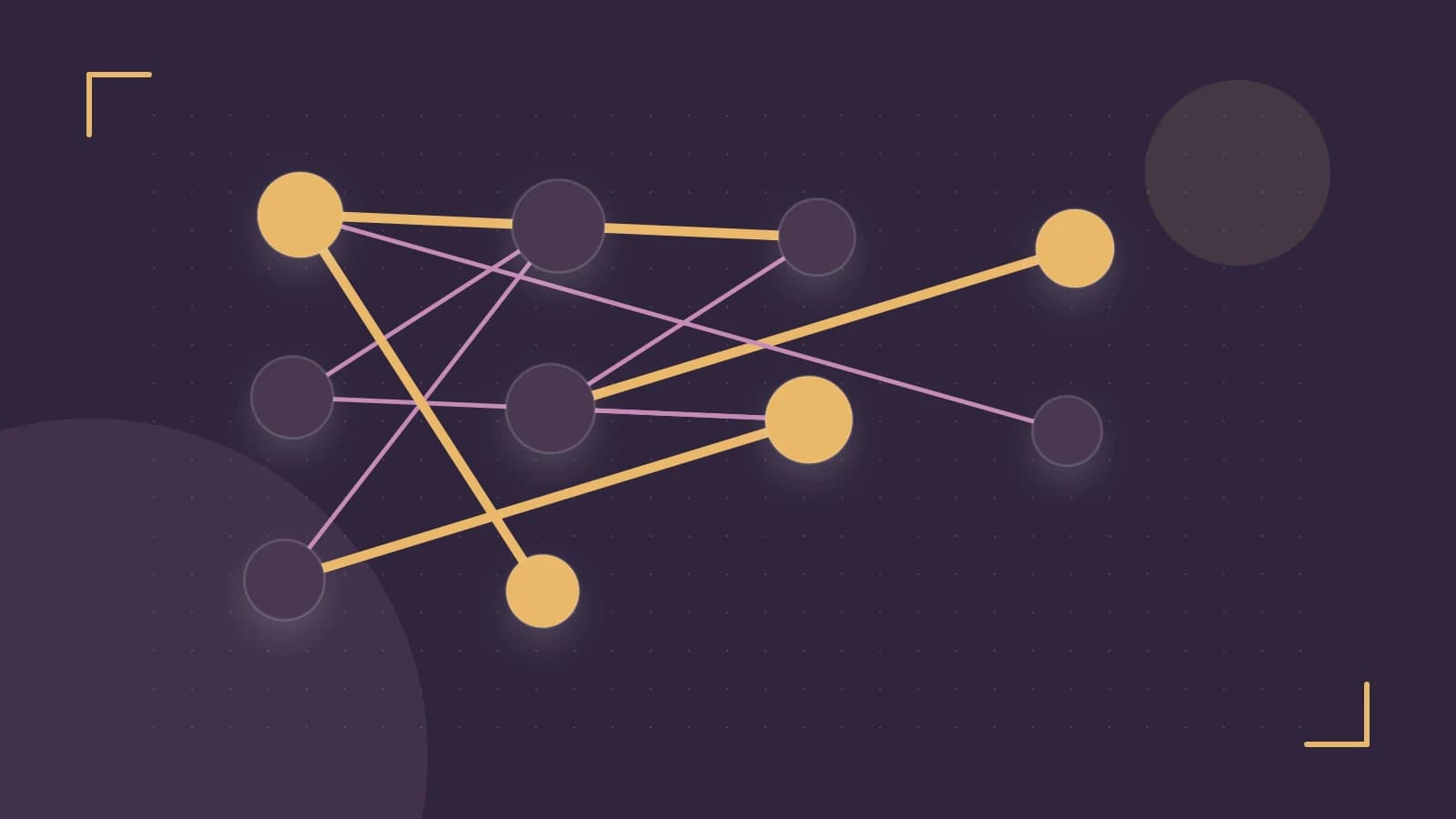 Editorial illustration of an algorithmic node graph with branching paths and a highlighted result
