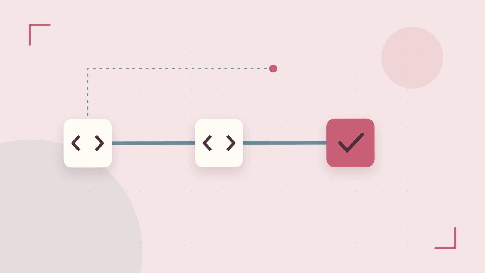 Editorial illustration of a branching build pipeline, staged transformations and a completed check