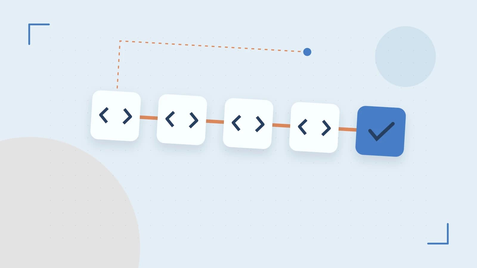 Editorial illustration of a branching build pipeline, staged transformations and a completed check