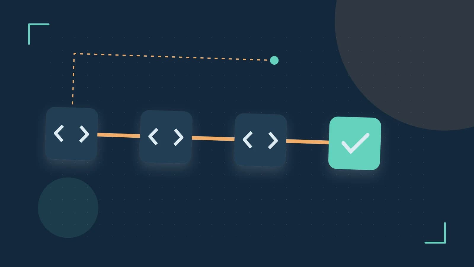 Editorial illustration of a branching build pipeline, staged transformations and a completed check
