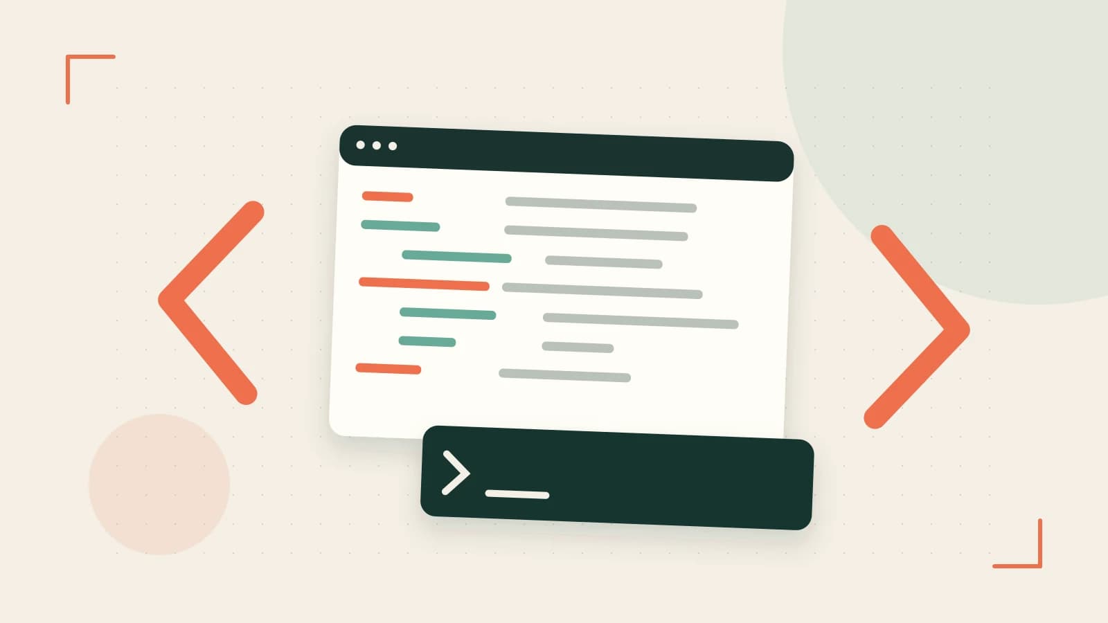 Editorial illustration of an abstract code editor, syntax blocks and oversized programming brackets