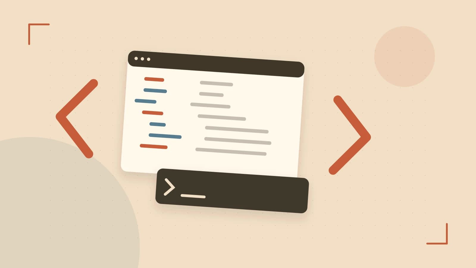 Editorial illustration of an abstract code editor, syntax blocks and oversized programming brackets