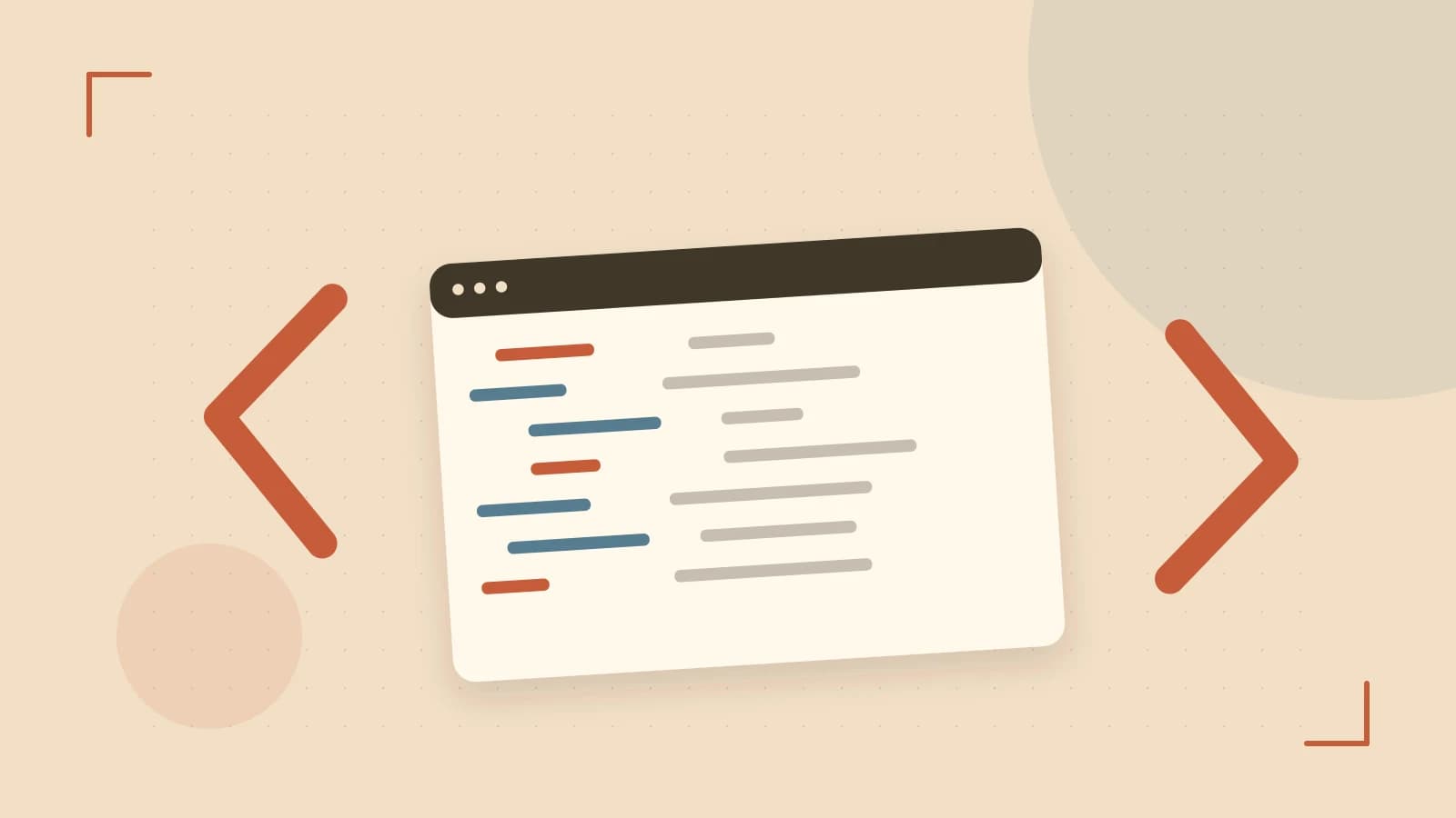Editorial illustration of an abstract code editor, syntax blocks and oversized programming brackets