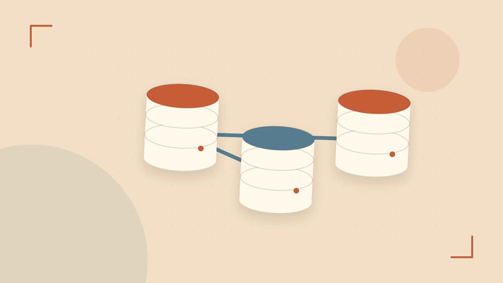 Editorial illustration of structured records, database cylinders and relationships between tables