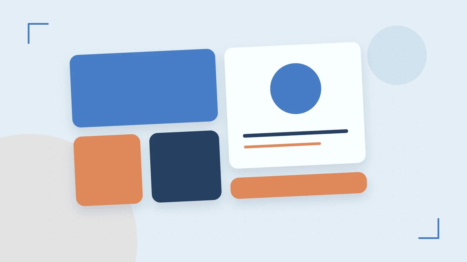 Editorial illustration of responsive browser layouts, overlapping design components and a color system